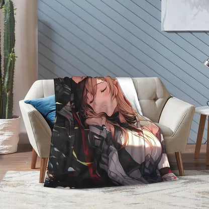 Soft fleece throw blanket featuring vibrant art online kirito asuna with reddish-brown hair and futuristic armor