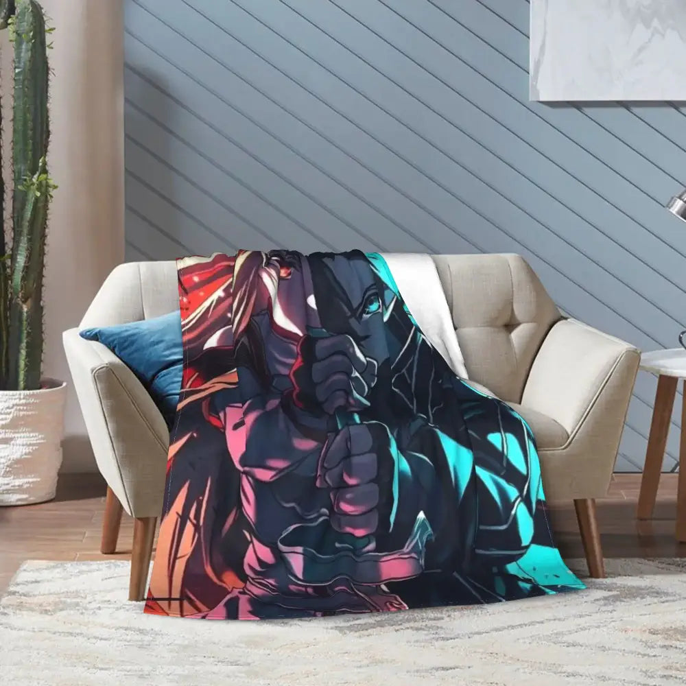 Vibrant sword art online kirito asuna throw blanket in red teal and black soft fleece with dynamic character design