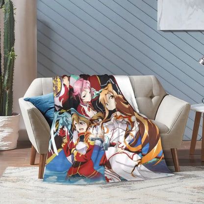 Soft fleece throw blanket featuring vibrant art online kirito and asuna characters in red blue and white dynamic poses