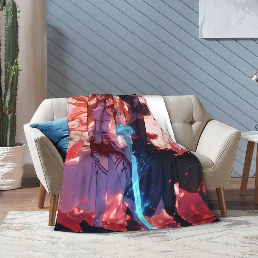 Soft fleece sword art online kirito asuna throw blanket featuring vibrant cosmic design with flowing robes in blue and red hues