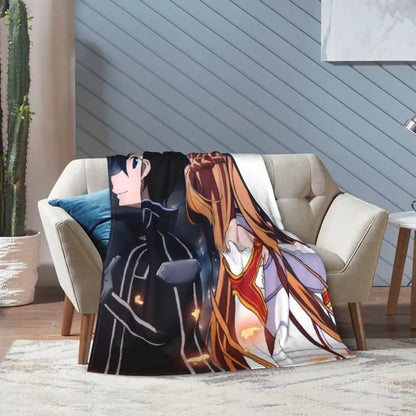 Soft fleece throw blanket featuring art online kirito and asuna with black armor and orange hair illustration