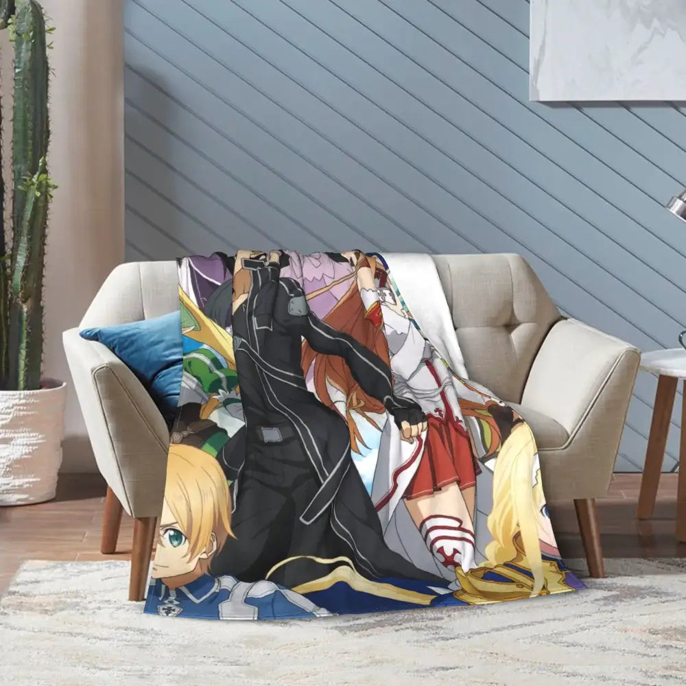 Sword art online kirito asuna throw blanket with vibrant colors and detailed artwork on soft fleece fabric