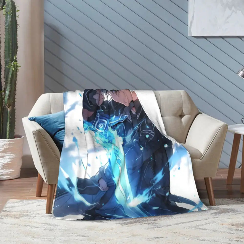 Soft fleece blue and white throw blanket featuring sword art online kirito asuna with glowing blue energy effects