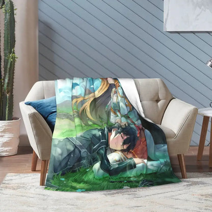 Soft fleece throw blanket featuring vibrant art online kirito and asuna anime illustration in outdoor scene