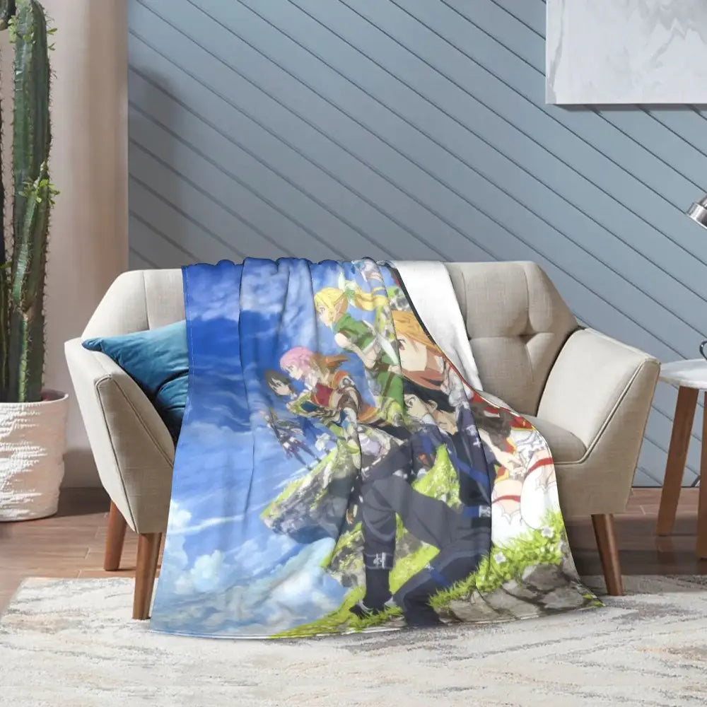 Blue and white sword art online kirito asuna throw blanket featuring dynamic anime characters on soft fleece material