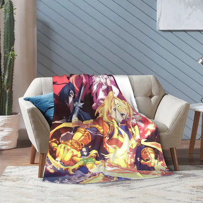Sword art online kirito asuna throw blanket in bold reds golds and purples with detailed armor on soft fleece material