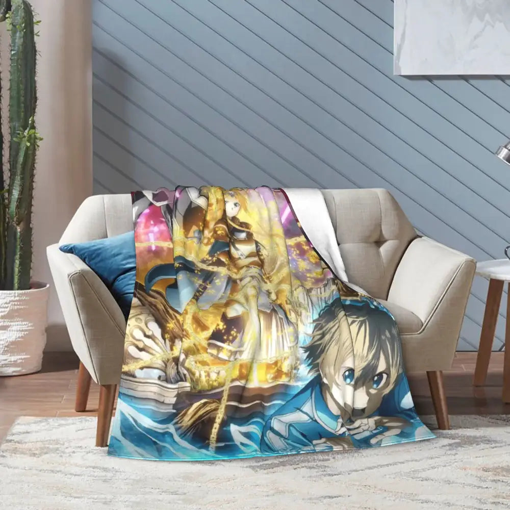 A soft fleece throw blanket featuring vibrant golden and blue anime art online kirito and asuna characters