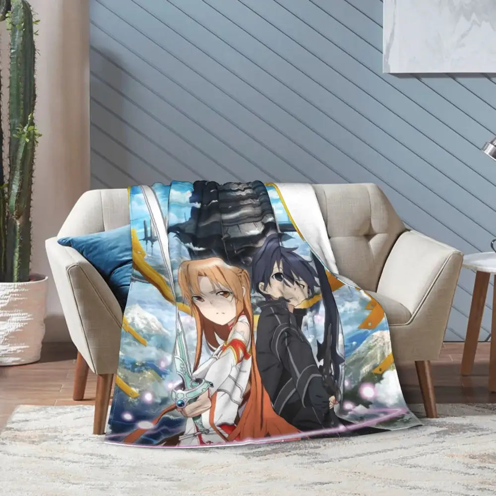 Soft fleece throw blanket featuring vibrant art online Kirito and Asuna against mountain sky background
