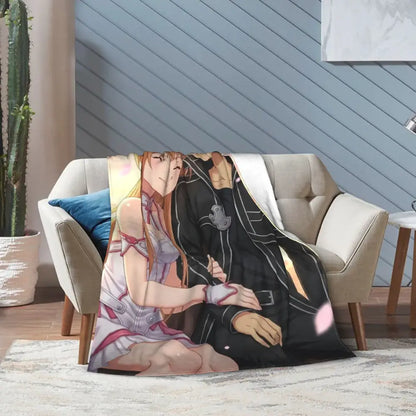 Soft fleece throw blanket featuring anime art online kirito and asuna in a romantic pose