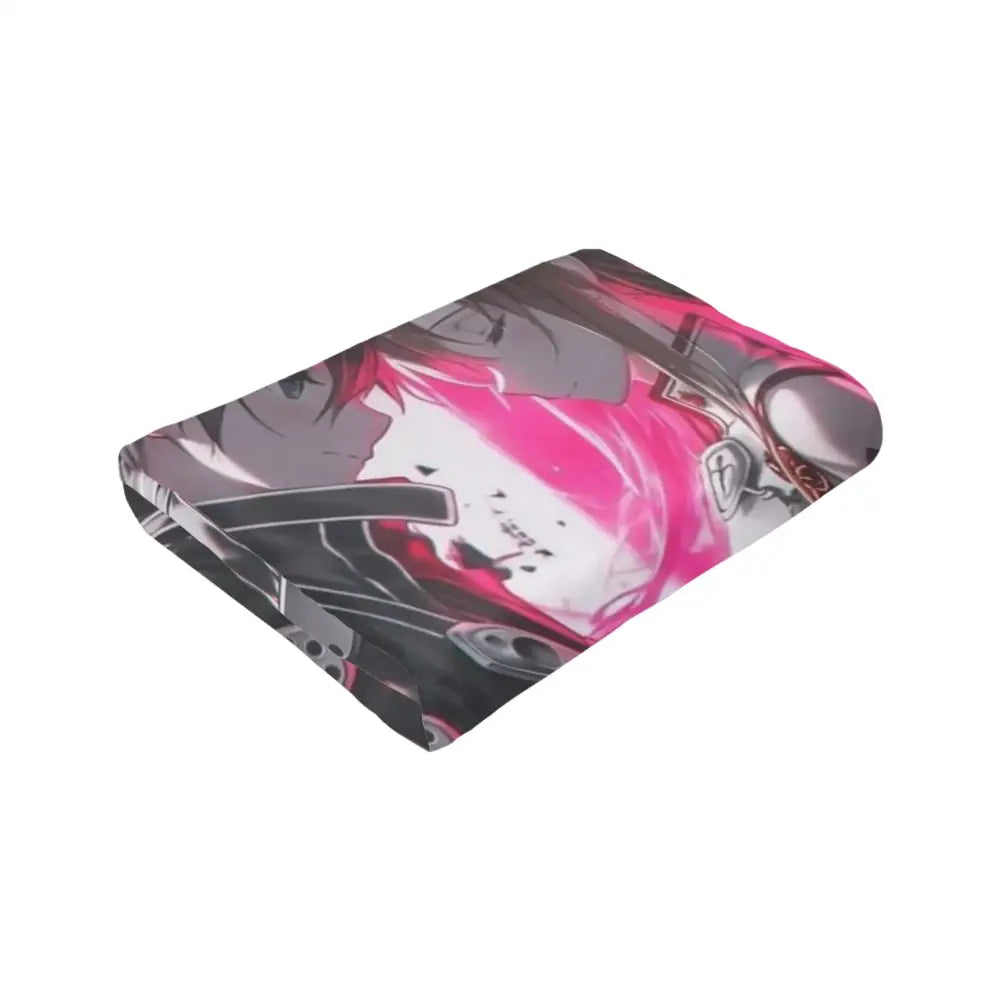 Soft fleece pink and black throw blanket featuring art online kirito and asuna with vibrant pink hair and mechanical armor