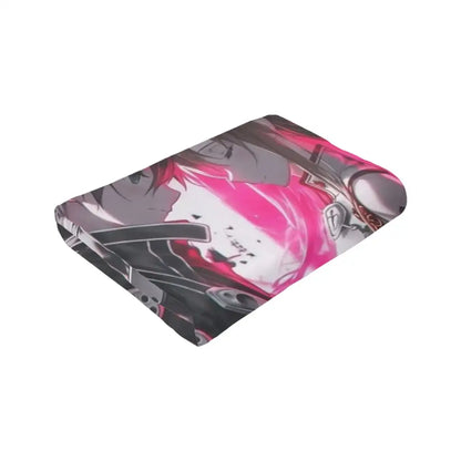 Soft fleece pink and black throw blanket featuring art online kirito and asuna with vibrant pink hair and mechanical armor