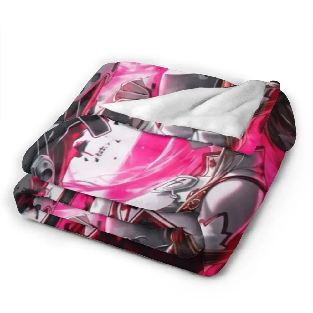A soft fleece throw blanket featuring vibrant pink and black art online kirito asuna design with white accents inside