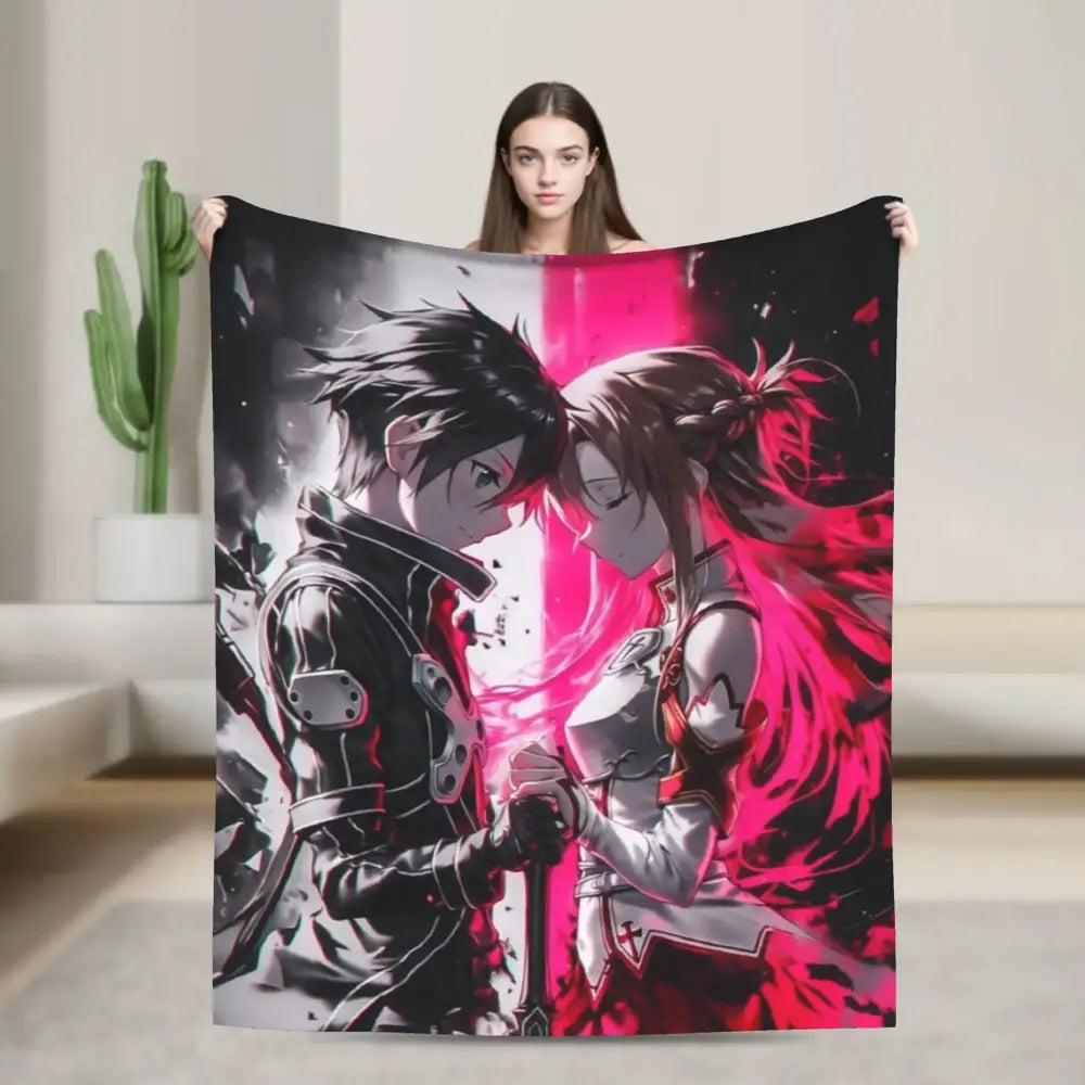 Soft fleece throw blanket featuring black and white armor anime art of online kirito asuna with pink energy effects