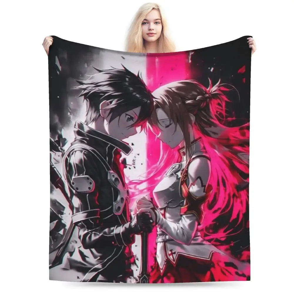 Soft fleece throw blanket featuring vibrant art online Kirito and Asuna in armor against gray and pink background