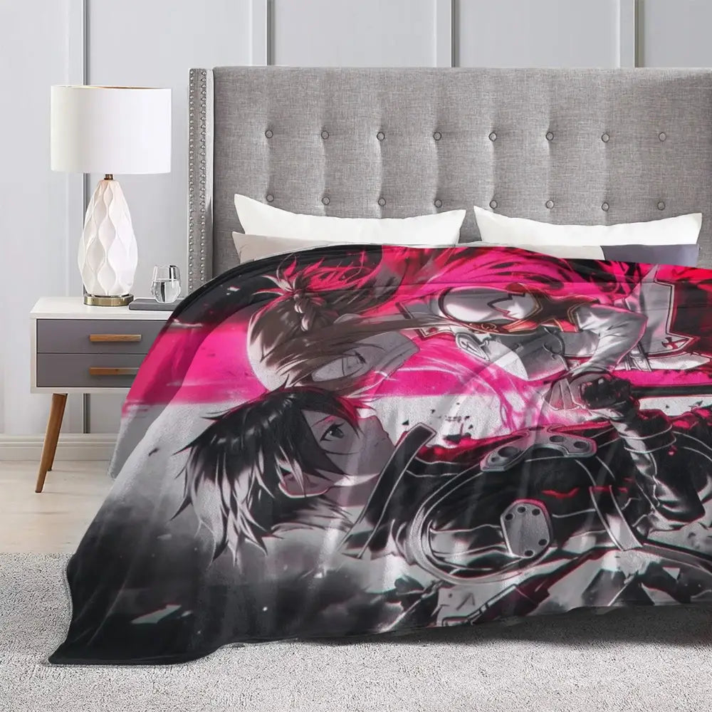 A vibrant pink and black soft fleece throw blanket featuring online kirito asuna character art draped over a bed