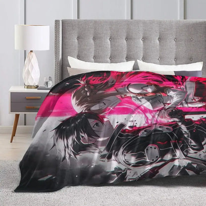 A vibrant pink and black soft fleece throw blanket featuring online kirito asuna character art draped over a bed