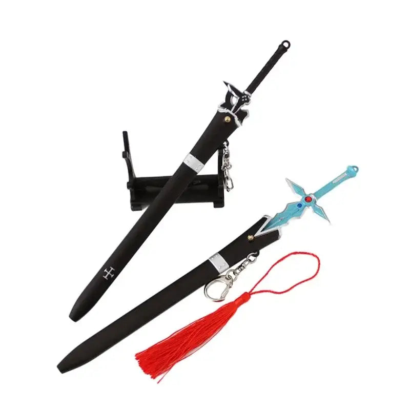 Black and light blue metal sword art online kirito cosplay sword keychains with silver accents and a red tassel 23cm