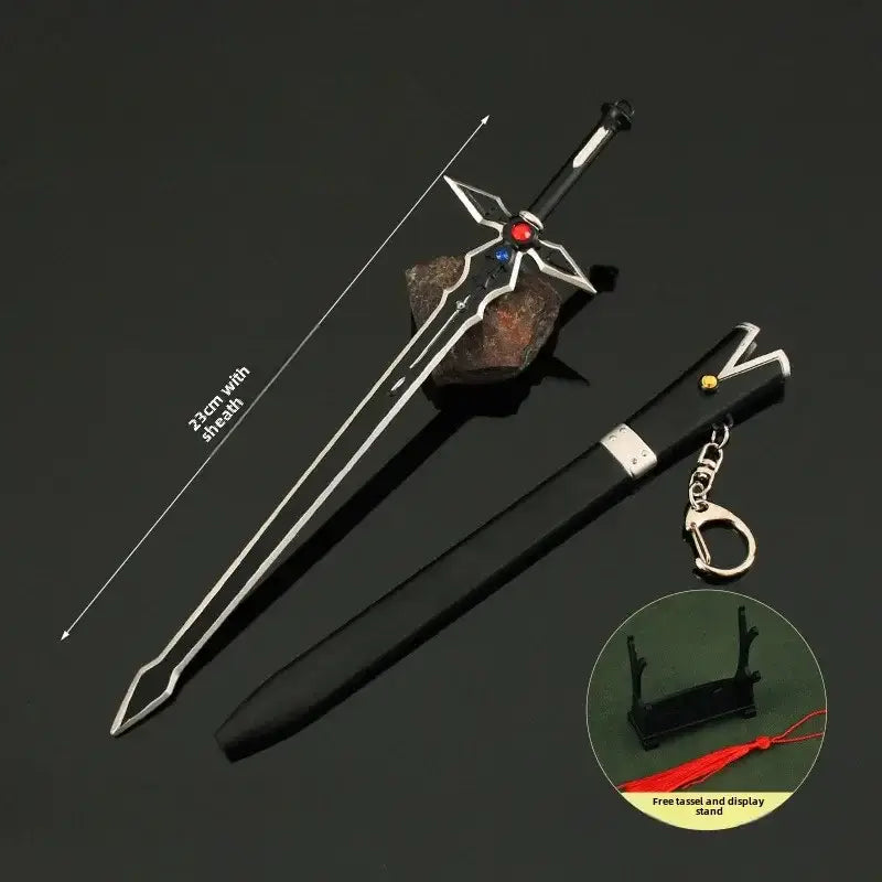 Silver and black metal sword with red gem hilt and matching sheath for sword art online kirito cosplay 23cm model