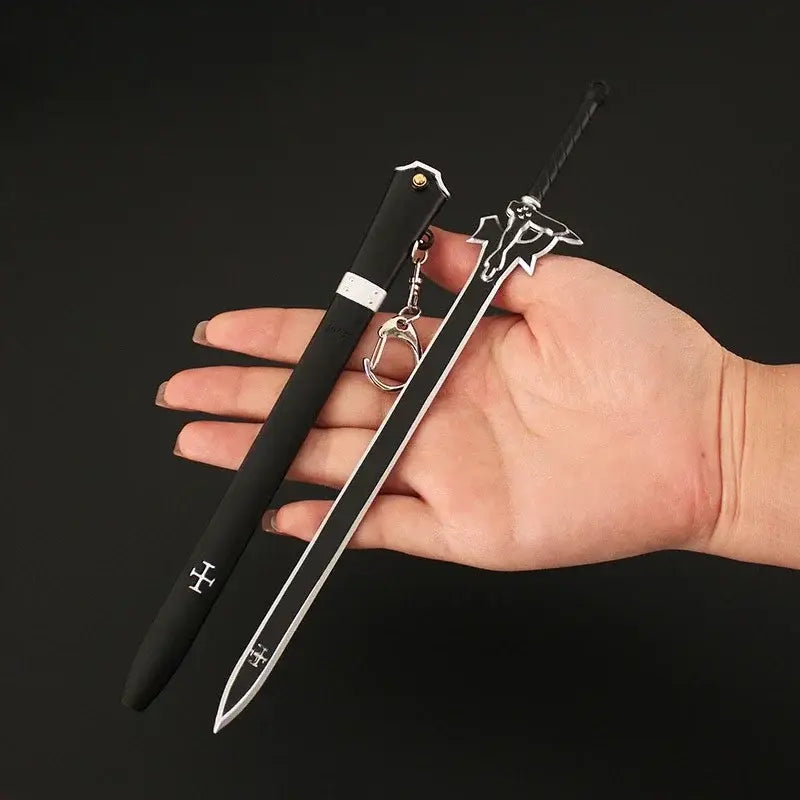 Black and silver metal sword art online kirito cosplay sword keychain with detailed hilt and h emblem on blade and scabbard
