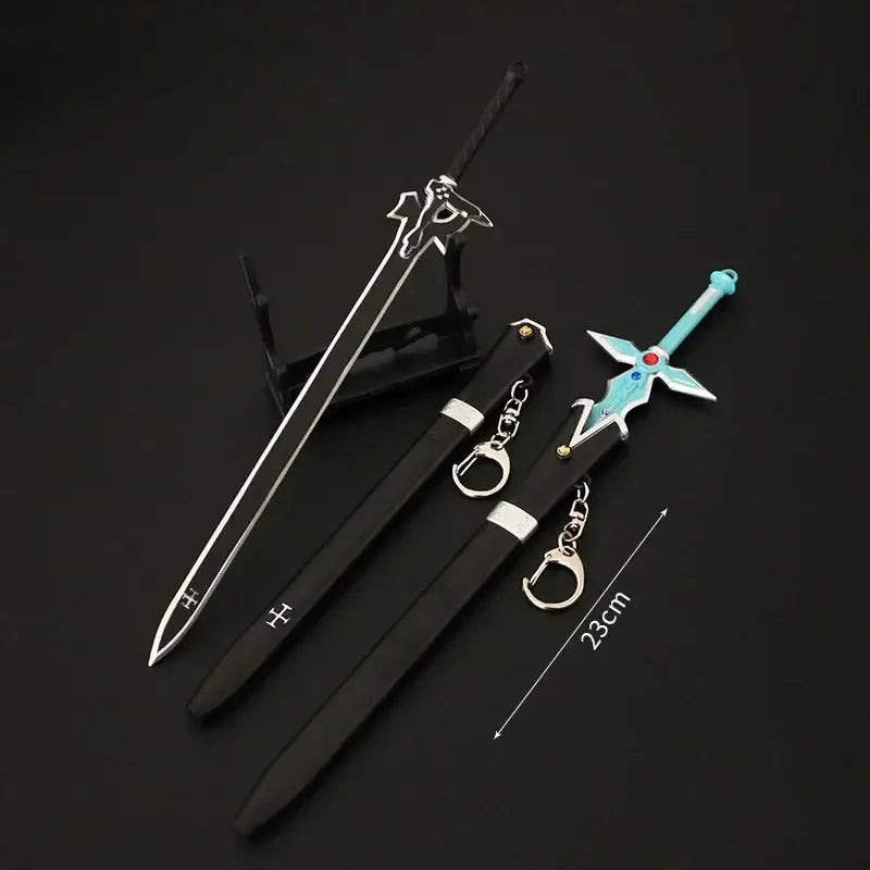 Silver and black sword art online kirito cosplay keychain with turquoise hilt and detailed metal blade 23cm