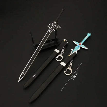 Silver and black sword art online kirito cosplay keychain with turquoise hilt and detailed metal blade 23cm