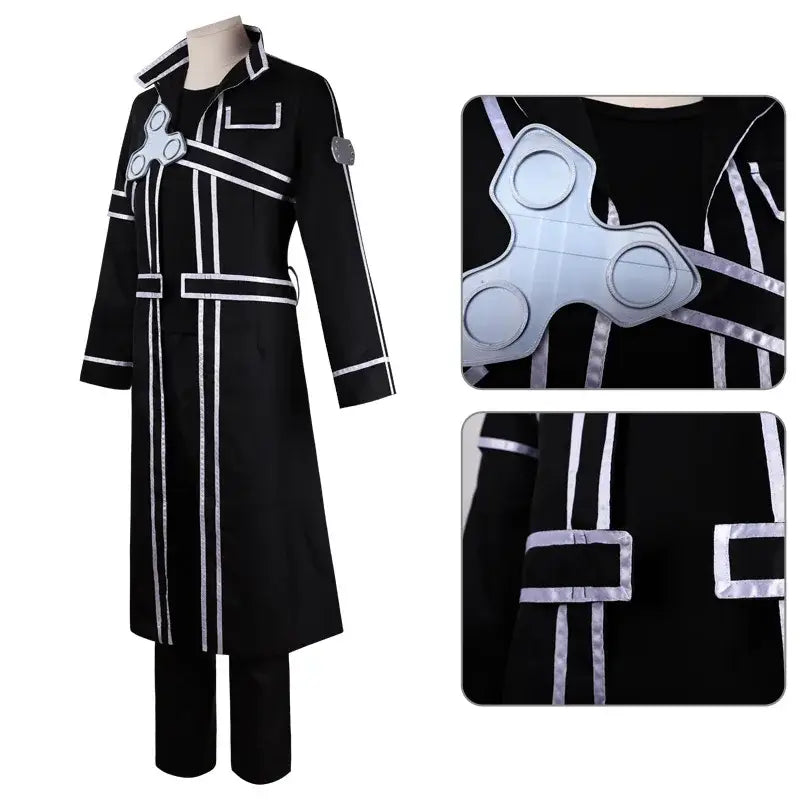 Black sword art online kirito cosplay jacket suit with white piping and silver three-pronged chest emblem