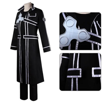 Black sword art online kirito cosplay jacket suit with white piping and silver three-pronged chest emblem