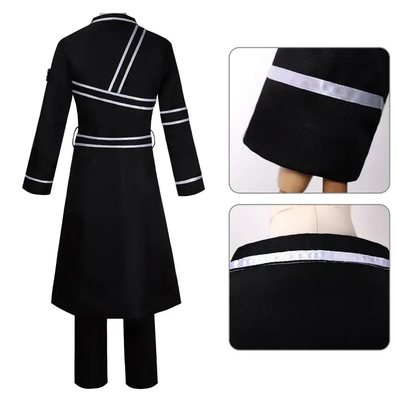 Back view of black sword art online kirito cosplay jacket suit with silver reflective stripes on back sleeves and hem
