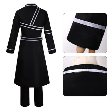 Back view of black sword art online kirito cosplay jacket suit with silver reflective stripes on back sleeves and hem