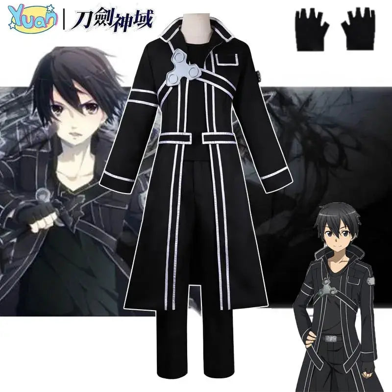 Black long coat jacket suit with white piping and silver clasp designed for sword art online kirito cosplay uniform