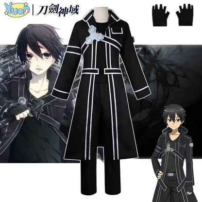 Black long coat jacket suit with white piping and silver clasp designed for sword art online kirito cosplay uniform