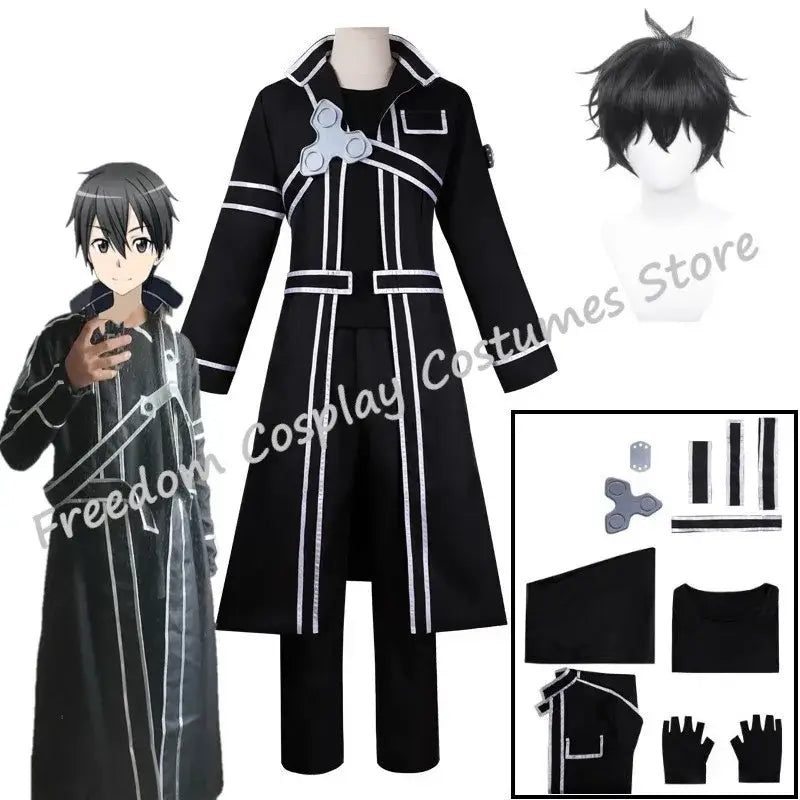 Black long coat jacket suit with white piping and silver fidget spinner accessory for sword art online kirito cosplay