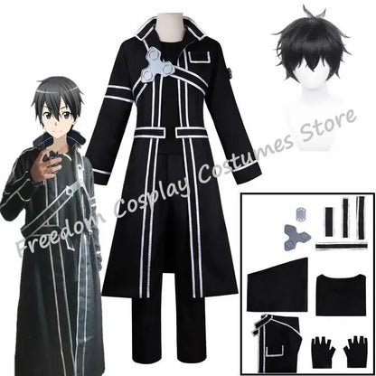 Black long coat jacket suit with white piping and silver fidget spinner accessory for sword art online kirito cosplay