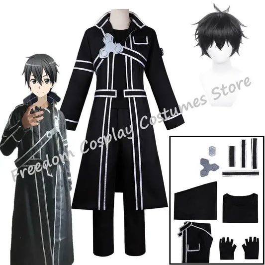 Black long coat jacket suit with white piping and silver fidget spinner accessory for sword art online kirito cosplay