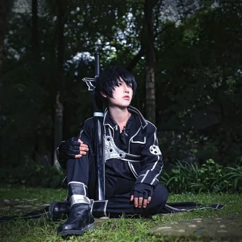 Black and silver armored jacket suit with skull motifs for sword art online kirito cosplay uniform