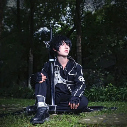 Black and silver armored jacket suit with skull motifs for sword art online kirito cosplay uniform