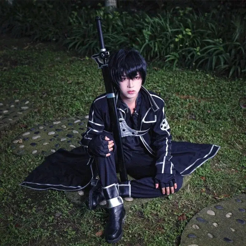 Black and silver armored jacket suit with white trim details for sword art online kirito cosplay uniform