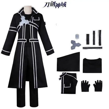Black long coat with white piping and silver fidget spinner accessory from sword art online kirito jacket suit cosplay