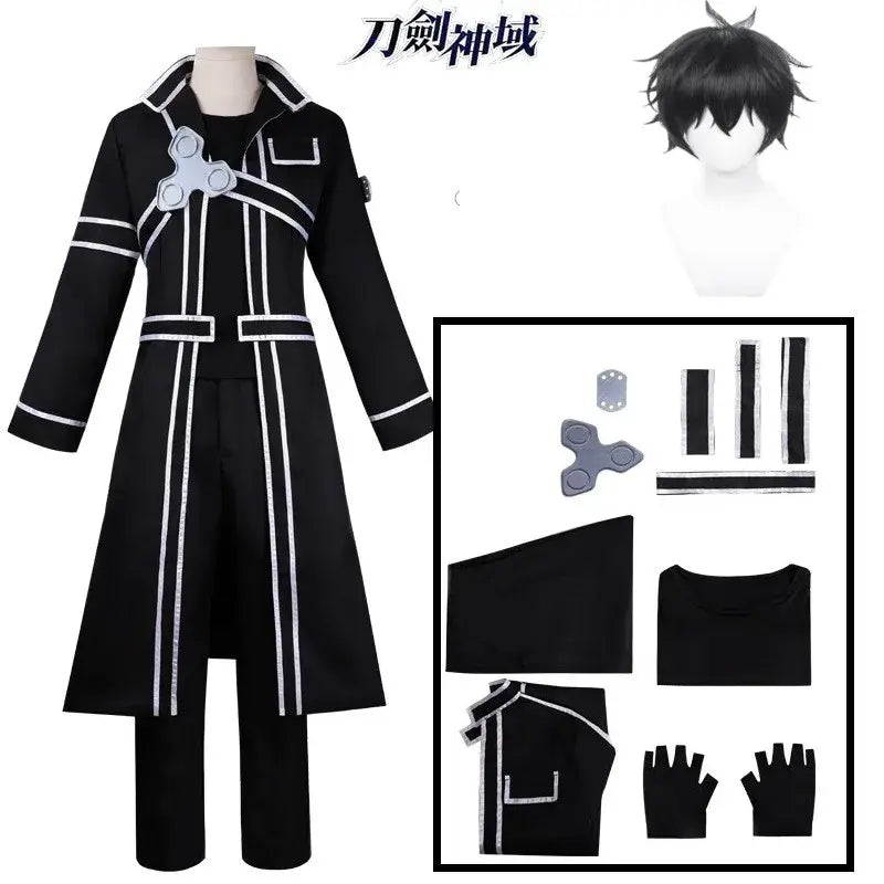 Black long coat with white trim and silver accents jacket suit featuring sword art online kirito fidget spinner emblem