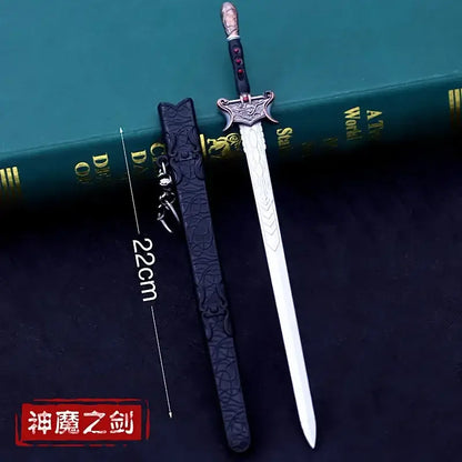 Silver-bladed kirito elucidator sword with ornate black hilt and silver guard beside textured black steel scabbard 22cm