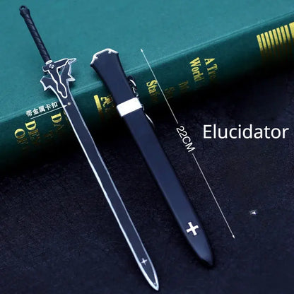 Black metal kirito elucidator sword keychain with silver steel blade and white cross emblem on the tip, 22cm long