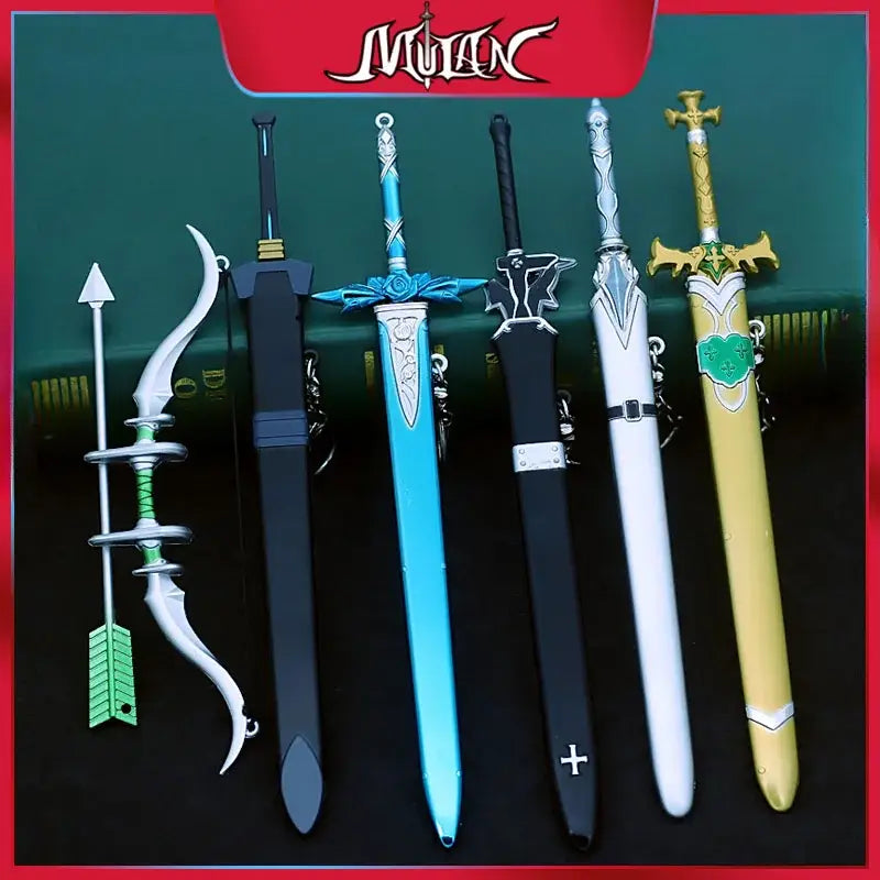 A collection of intricately designed fantasy swords and a bow featuring metallic silver, blue, white, black, gold, and green finishes with detailed engravings including the kirito elucidator sword 22cm steel