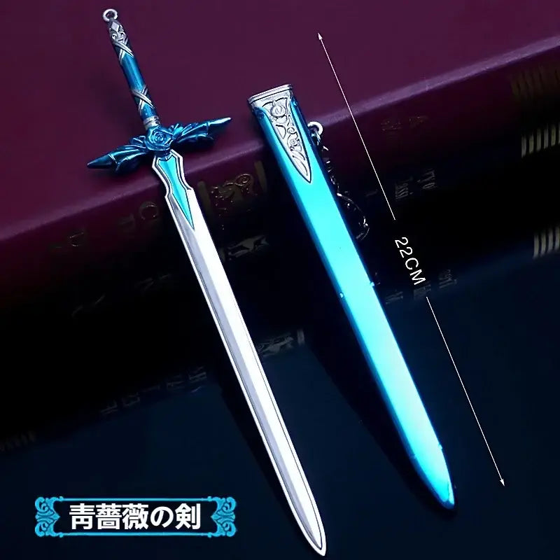 A sleek 22cm steel kirito elucidator sword with a vibrant blue hilt and silver blade beside its matching sheath