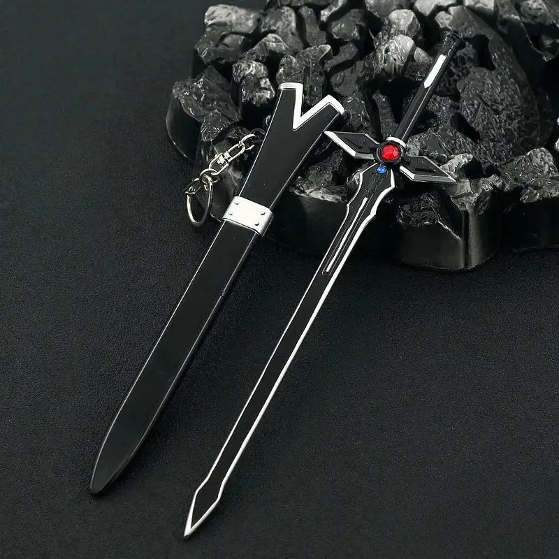 Black and silver kirito elucidator sword keychain with red gem hilt anime-inspired steel collectible 22cm