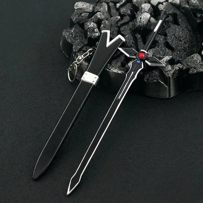 Black and silver kirito elucidator sword keychain with red gem hilt anime-inspired steel collectible 22cm