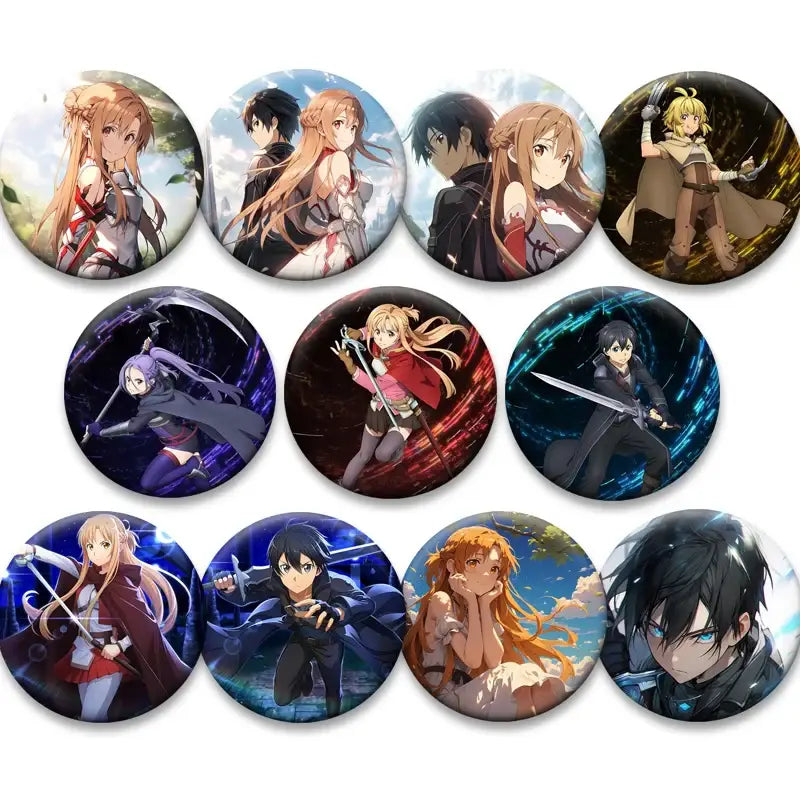 Circular sword art online kirito lapel pin featuring vibrant artwork with dynamic poses in a round anime badge design