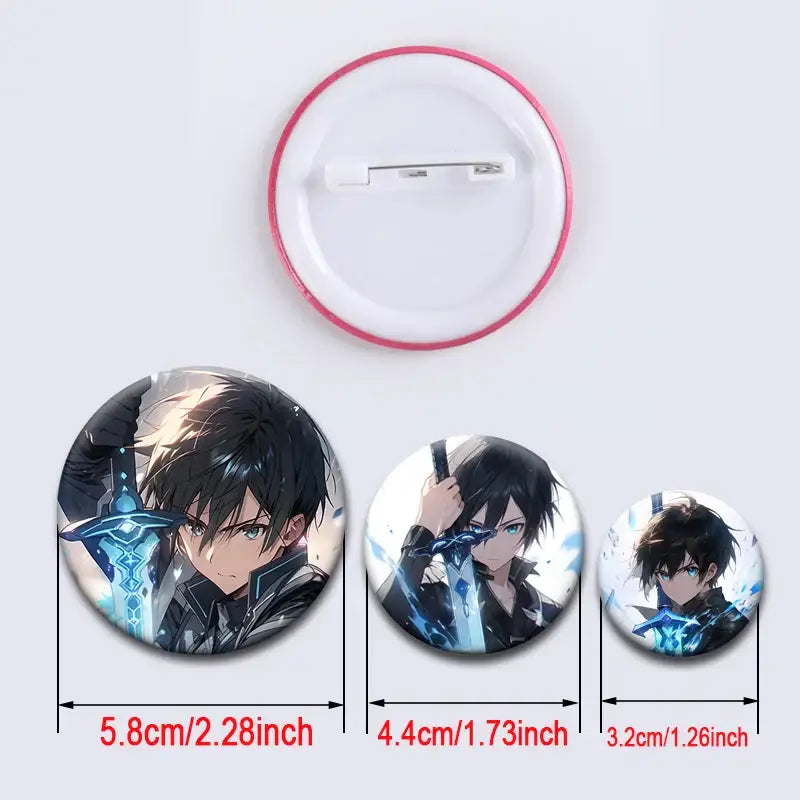 Circular sword art online kirito lapel pins featuring black hair blue eyes character holding glowing sword in various sizes