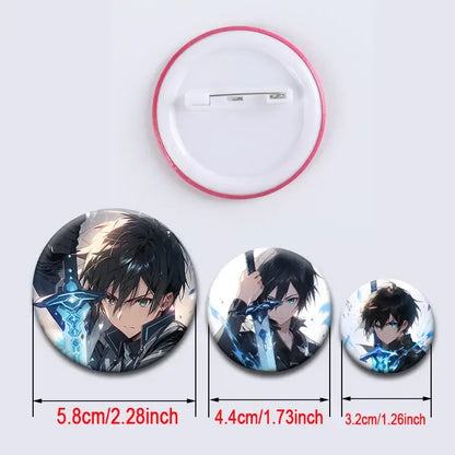 Circular sword art online kirito lapel pins featuring black hair blue eyes character holding glowing sword in various sizes