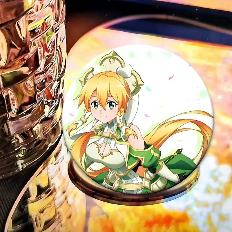 Sword art online round anime badge featuring a glossy circular lapel pin with a blonde anime character in green armor