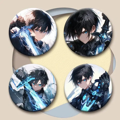 Four round anime badge pins featuring sword art online kirito with black hair and blue glowing swords or armor